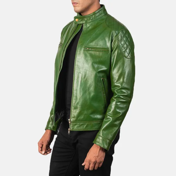 RMY Men’s Green Genuine Leather Jacket,RMY Beltless Green Cow-Hide Leather Fashion Jacket,RMY Men... - image 1