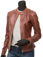 RMY Tan Brown Women Biker Leather Jacket,RMY Womens Brown Asymmetrical Biker Leather Jacket,RMY H... - image 3