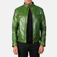 RMY Men’s Green Genuine Leather Jacket,RMY Beltless Green Cow-Hide Leather Fashion Jacket,RMY Men... - image 3