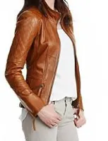 RMY Tan Brown Women Biker Leather Jacket,RMY Womens Brown Asymmetrical Biker Leather Jacket,RMY H... - image 2